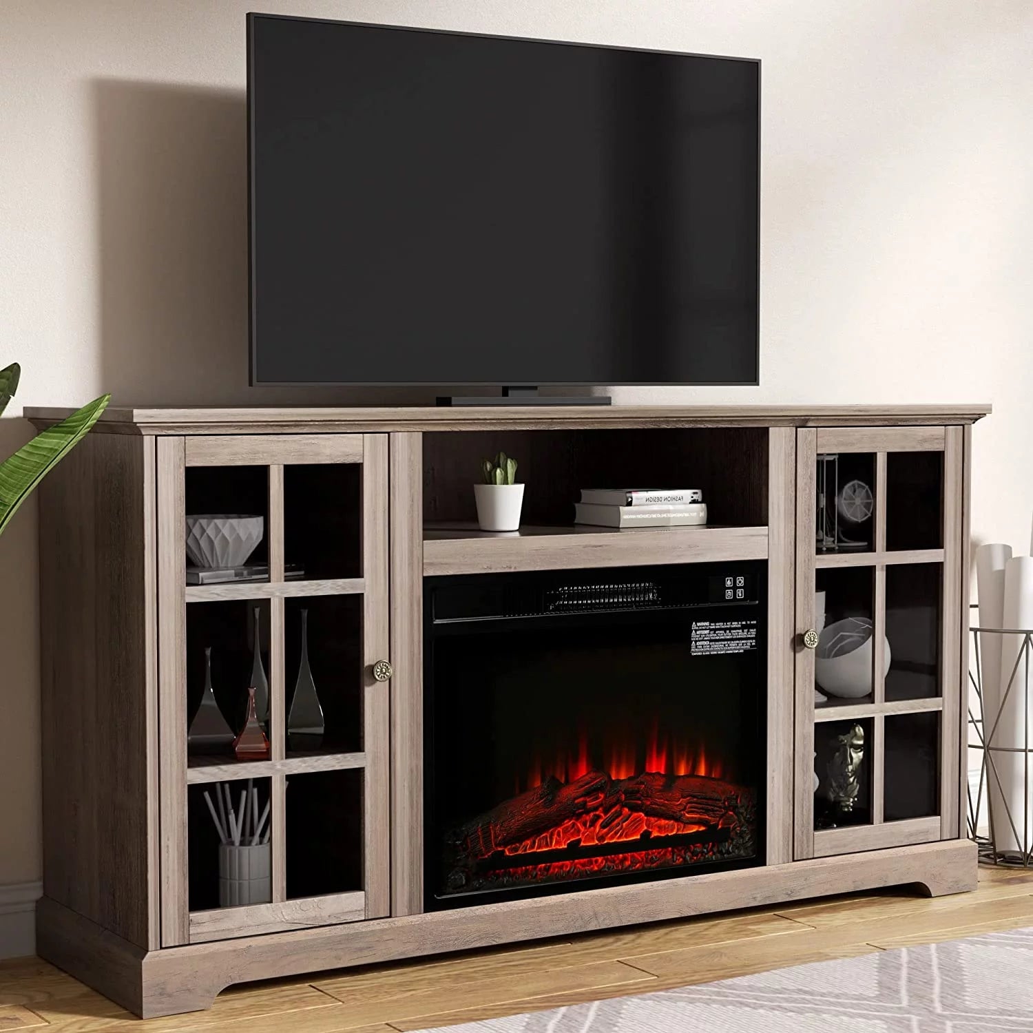 Relefree Fireplace TV Stand for TVs up to 65, 58 TV Console with 23 Electric Fireplace & Glass Door, Entertainment Center for Living Room, Gray