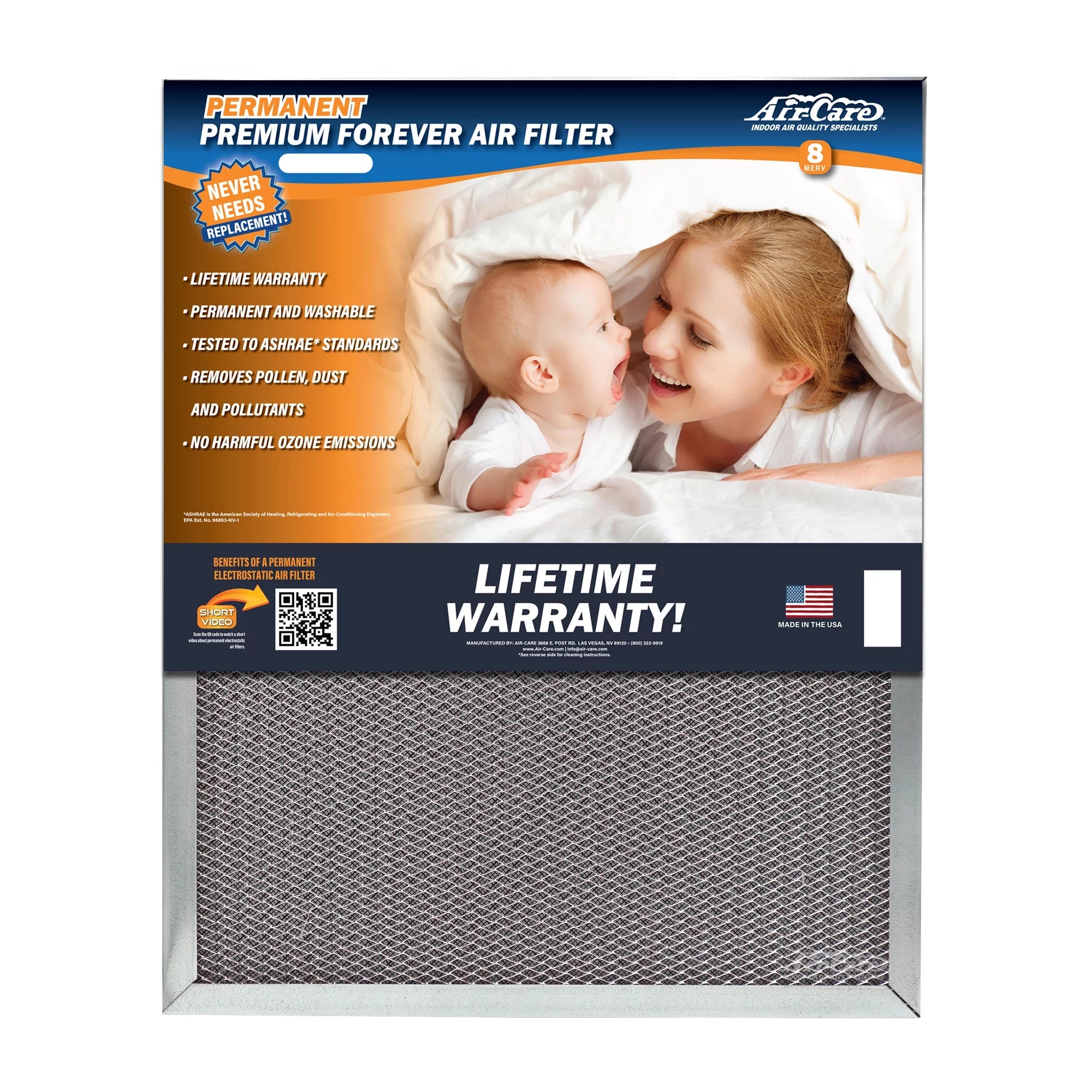 Air-Care 20x25x1 Permanent Washable Electrostatic HVAC Furnace Air Filter, MERV 8, Allergen & Dust Reduction