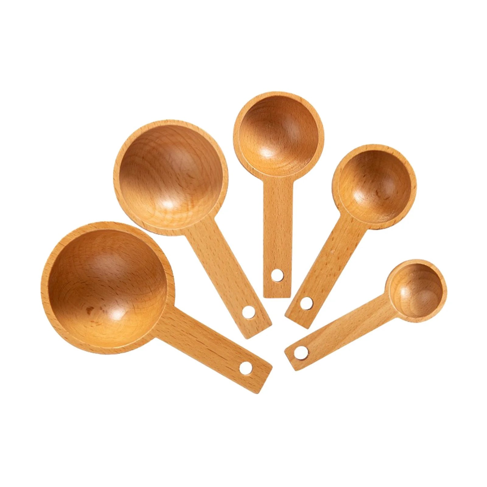 Set of 5 Wooden Measuring Spoons Accessories Measure Tools Soup Spoons Coffee Spoon Tablespoon for Kitchen Dining Cooking Cafe