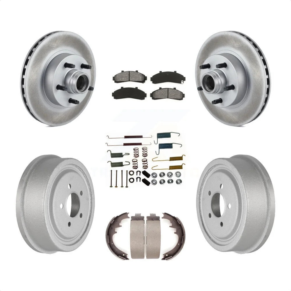 Transit Auto - Front Rear Coated Disc Brake Rotors Hub Assembly Semi-Metallic Pads And Drum Kit (7Pc) For Ford Ranger With 10 Diameter KGS-101558