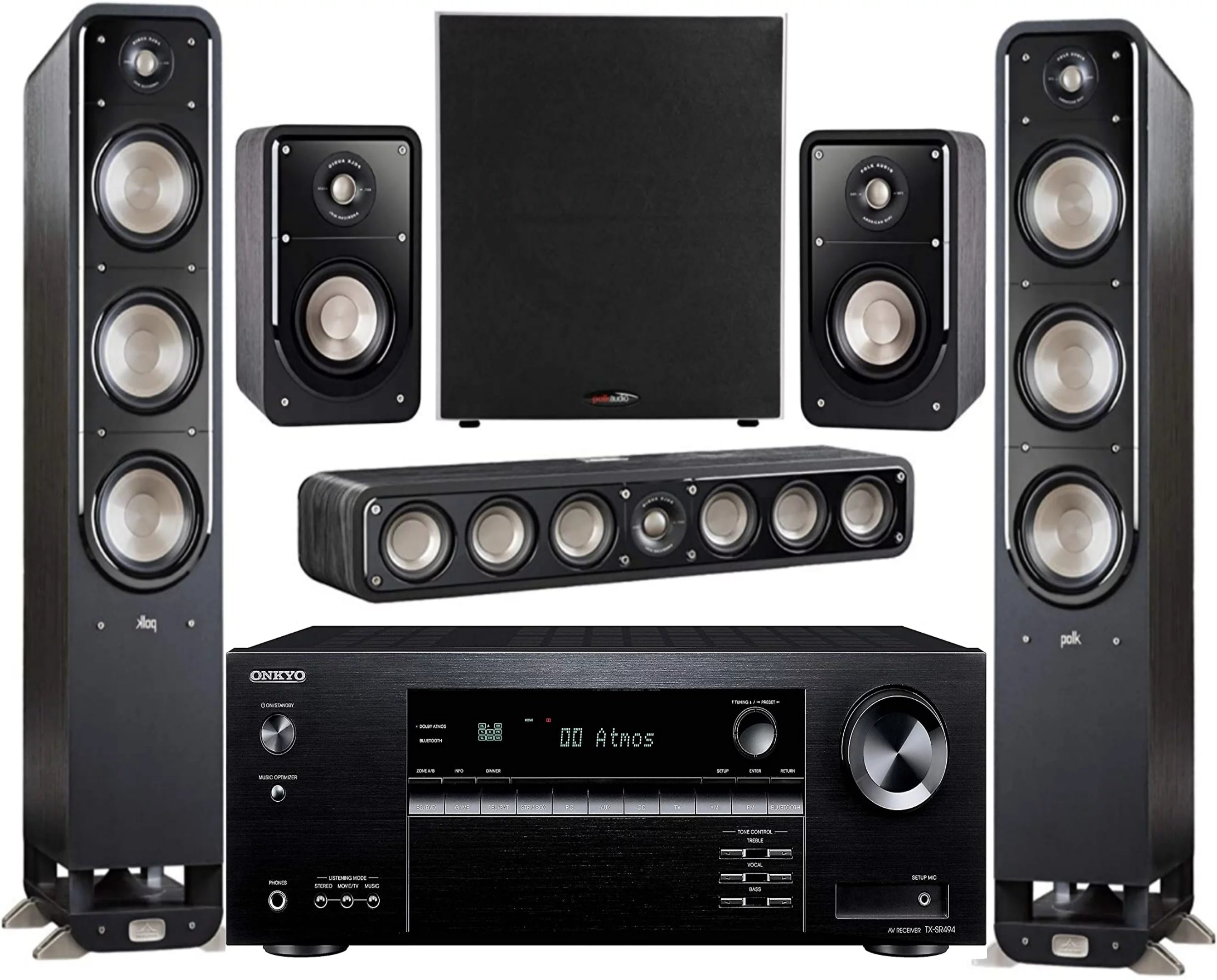 Onkyo 7.2 -Channel Wireless Bluetooth 4K 3D A/V Surround Sound Receiver + Polk Multimedia Home Theater Speaker System