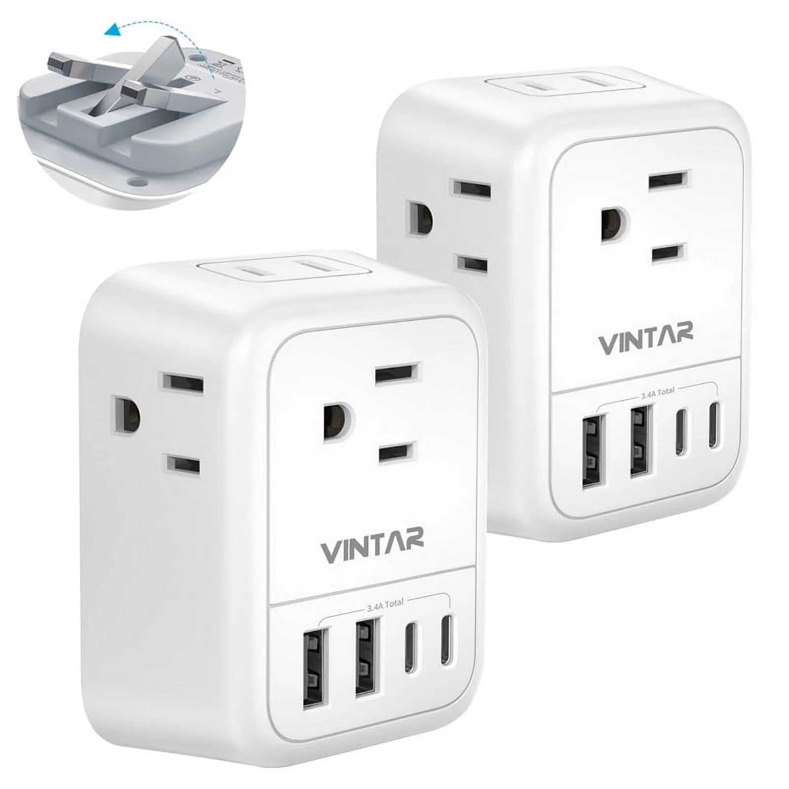 [2-Pack] UK Travel Plug Adapter, Vintar Foldable Ireland Travel Plug Adapter with 4 Outlets and 4 USB Ports(2 USB C), 8 in 1 Type G Power Adapter for US to Dubai Hong Kong British London England Irish