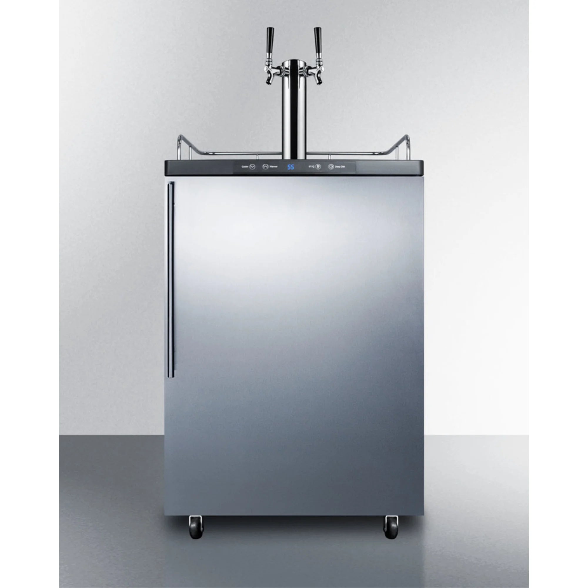 Built-in residential beer dispenser, auto defrost with digital thermostat, dual tap system, stainless steel door, thin handle, and black cabinet
