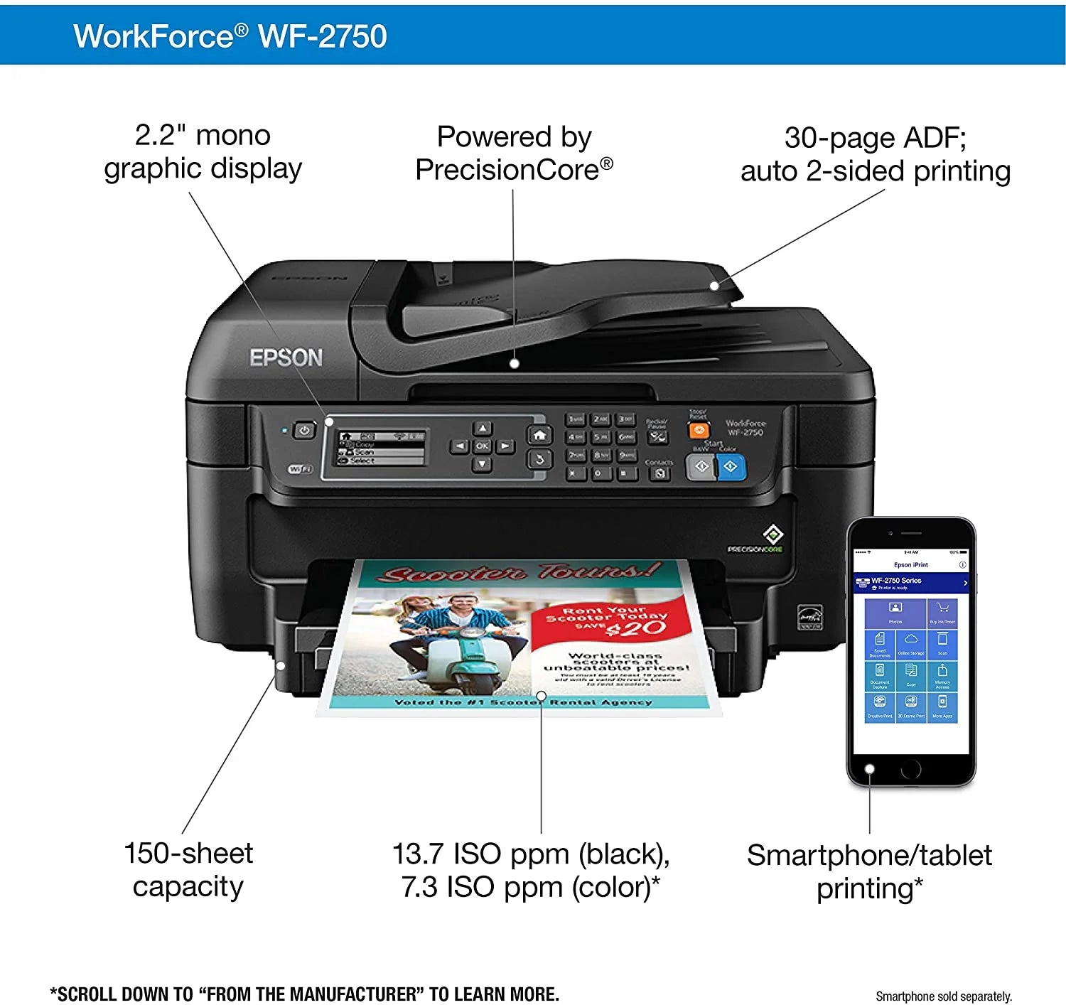 Epson WF-2750 All-in-One Wireless Color Printer with Scanner, Copier & Fax,