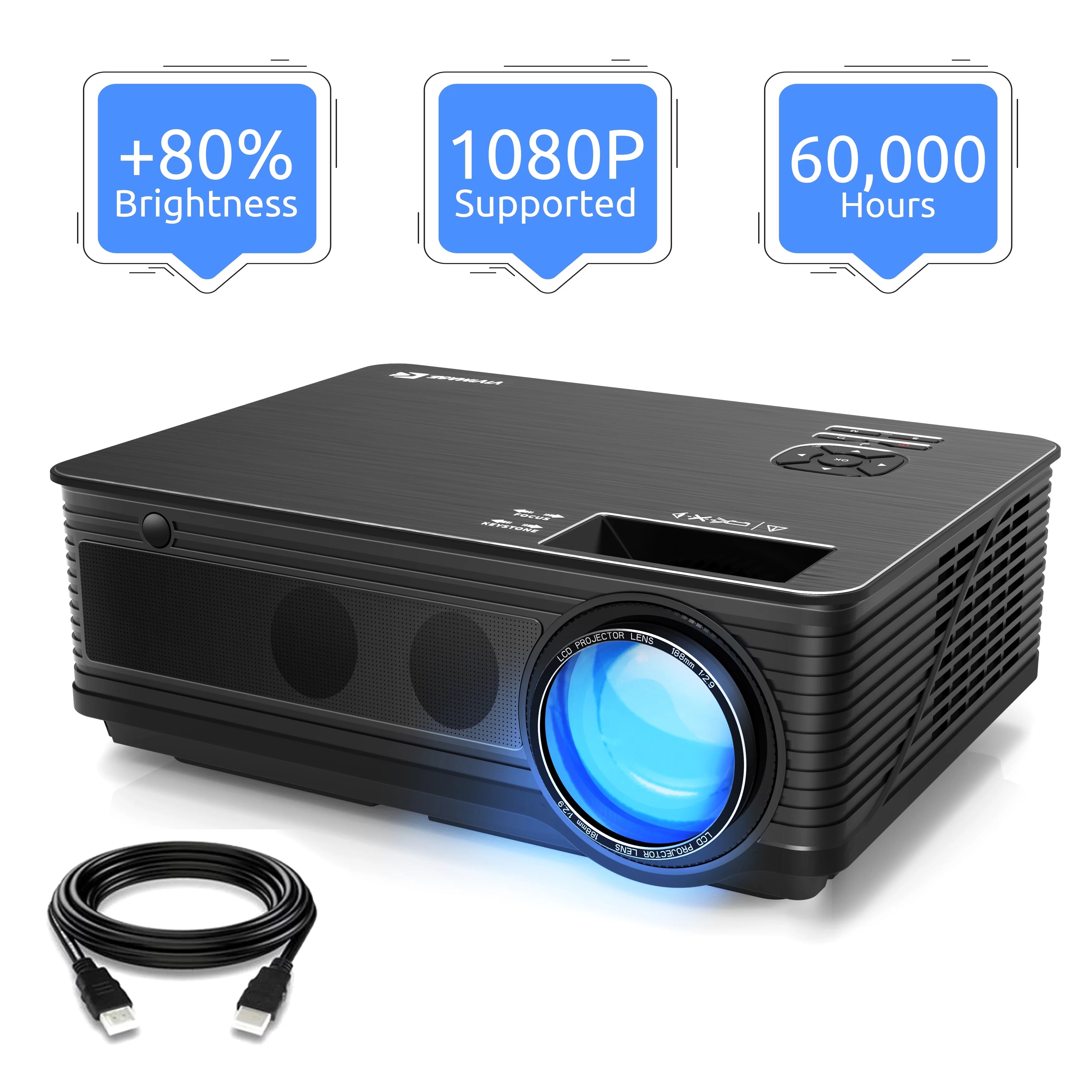 VIVIMAGE Cinemoon C580 Projector 1080P Supported, High Brightness Video Projector with 200 Projection Size Includes HDMI Cable