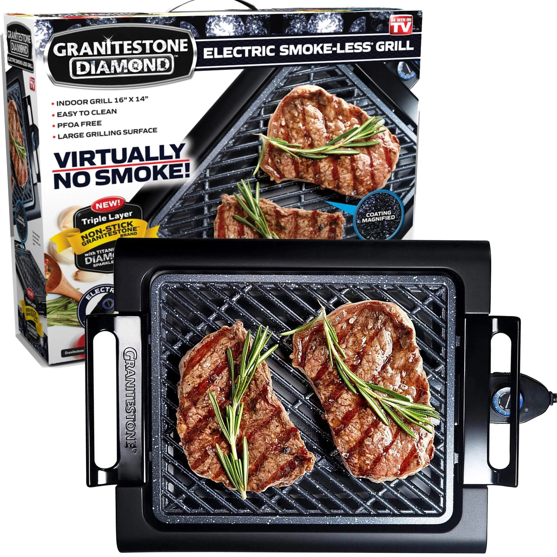 Granite Stone Indoor Nonstick Electric Smoke-Less Grill with Cool-Touch Handles and Adjustable Temperature Dial ¨C Black, 16 x 14¡±