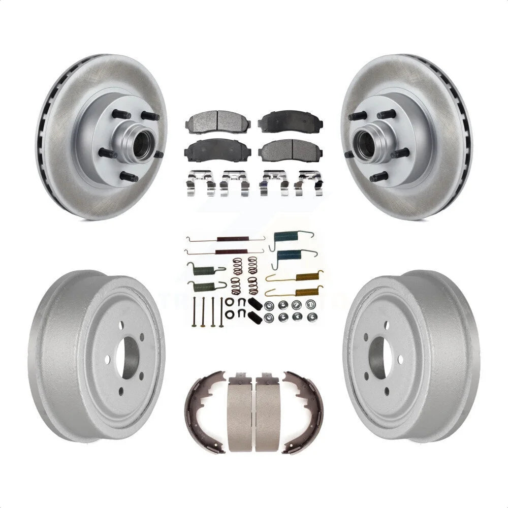 Transit Auto - Front Rear Coated Disc Brake Rotors Hub Assembly Ceramic Pads And Drum Kit (7Pc) For 2006-2009 Ford Ranger RWD With 10 Diameter KGT-101781