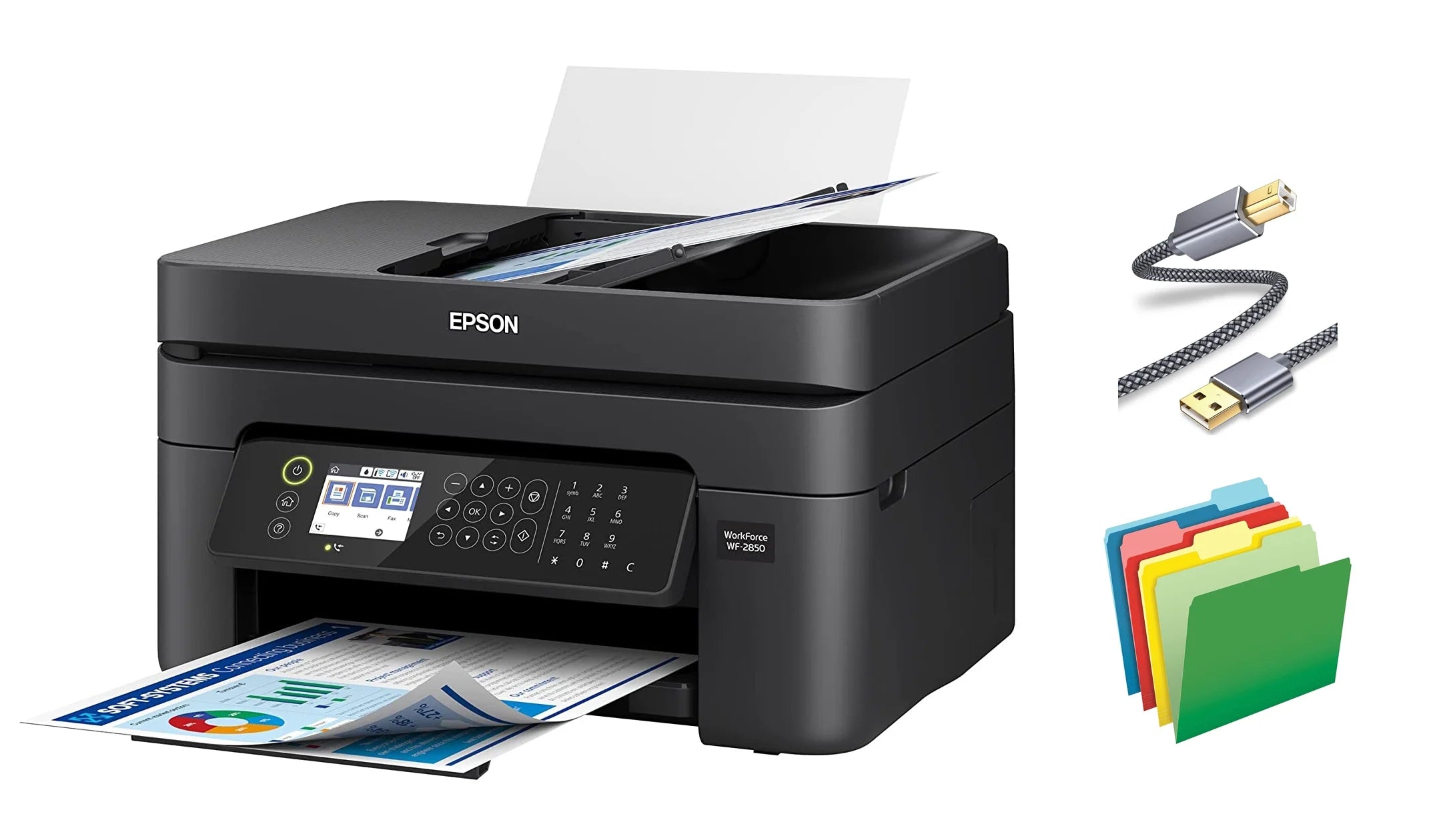 Epson WF28 Series Printer, All-in-One Color Inkjet Printer, Print Copy Scan Fax, Wireless, Mobile Printing, Auto 2-Sided Printing, Up to 30-Sheet ADF, With NSSDC Printer Cable and File Folders