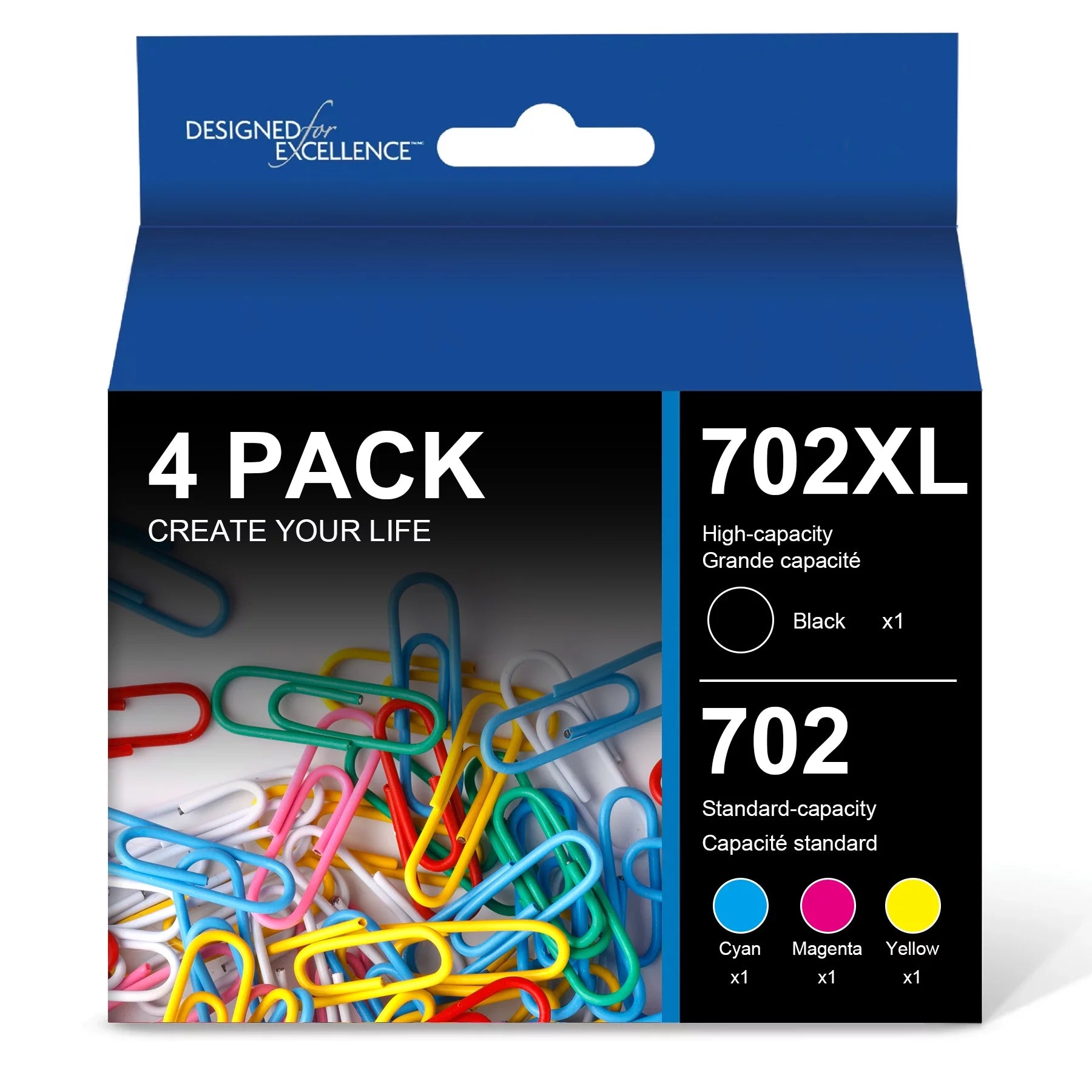 702XL Ink Cartridge Replacement for Epson 702XL T702XL 702 T702 to use with Workforce Pro WF-3720 WF-3730 WF-3733 Printer (1 Large Black, 1 Cyan, 1 Magenta, 1 Yellow, 4 Pack)