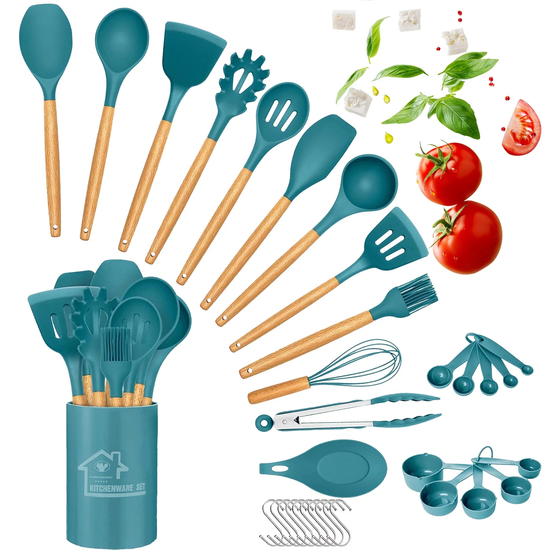 DLD Silicone Cooking Set, 33 Piece Silicone Cooking Set, Non-stick Heat Resistant, Durable Wooden Handle, Best Kitchen Utensils (Blue)