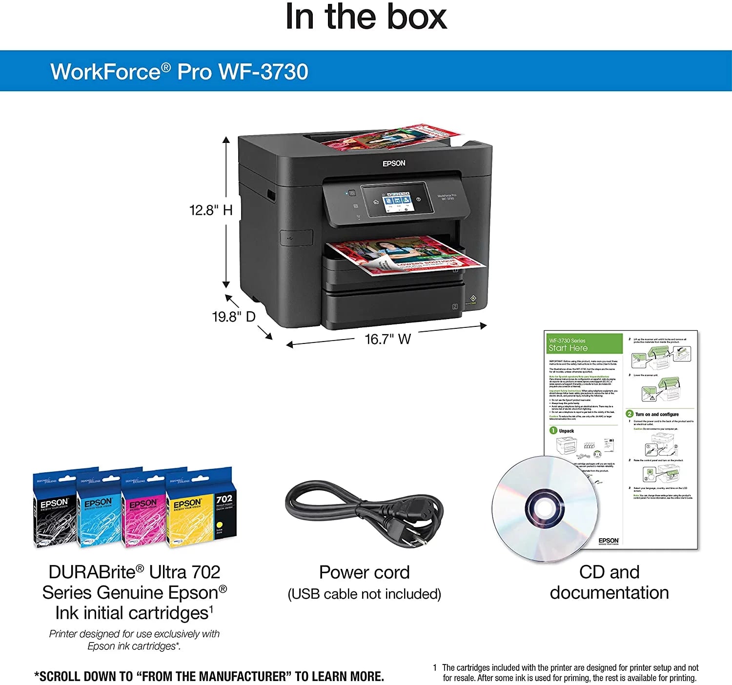 Epson Workforce Pro WF-3730 All-in-One Wireless Color Printer with Copier, Scanner, Fax (C11CH04201)