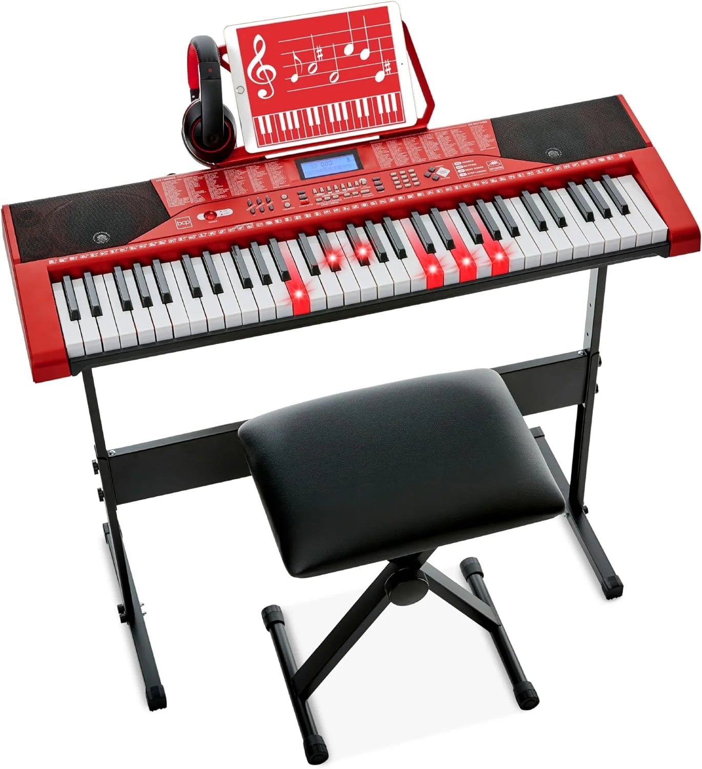 YOJFOTOU 61-Key Beginners Complete Electronic Keyboard Piano Set w/Lighted Keys, LCD Screen, Headphones, Stand, Bench, Teaching Modes, Note Stickers, Built-In Speakers - Red
