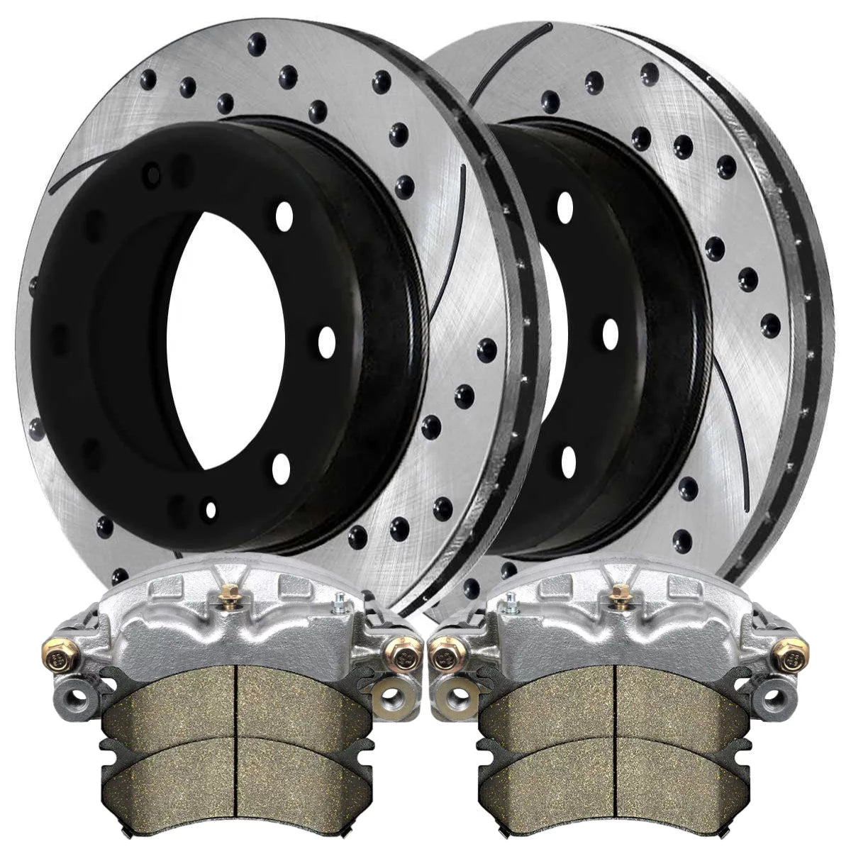 AutoShack Front Brake Calipers Ceramic Pads Drilled Slotted Rotors Black Kit Driver and Passenger Side Replacement for Chevrolet Express 3500 Silverado 2500 HD Classic GMC Savana 3500 Sierra 2500 HD