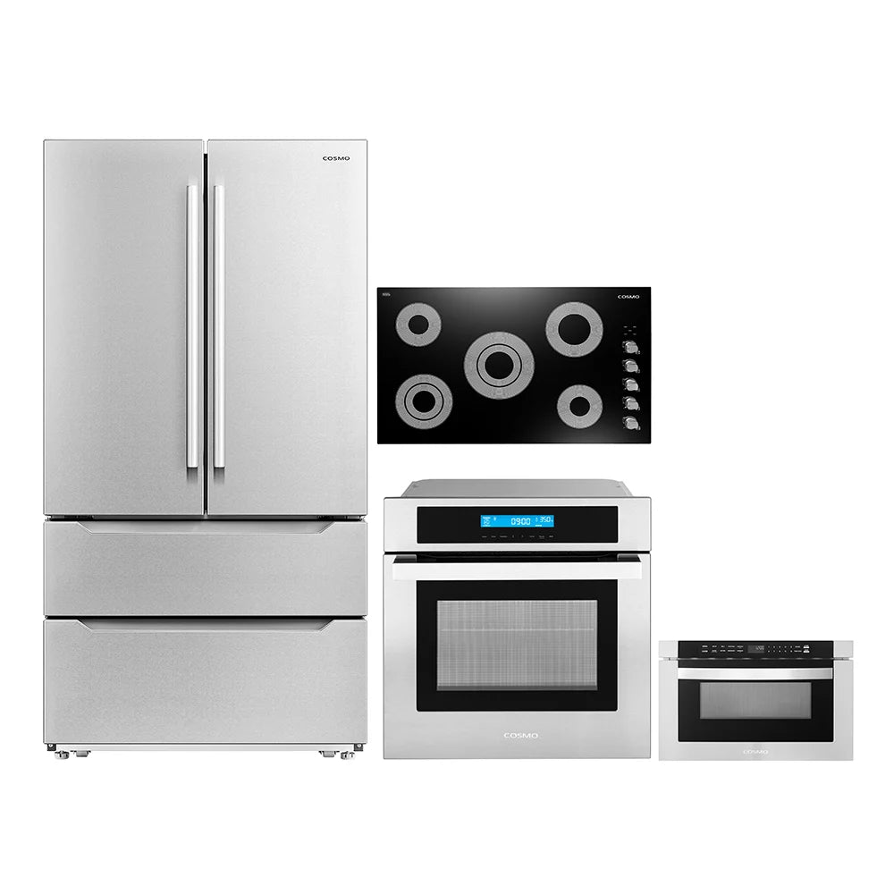Cosmo 4 Piece Kitchen Appliance Package 36 Electric Cooktop 24 Single Electric Wall Oven 24 Built-In Microwave Drawer & French Door Refrigerator Kitchen Appliance Bundles