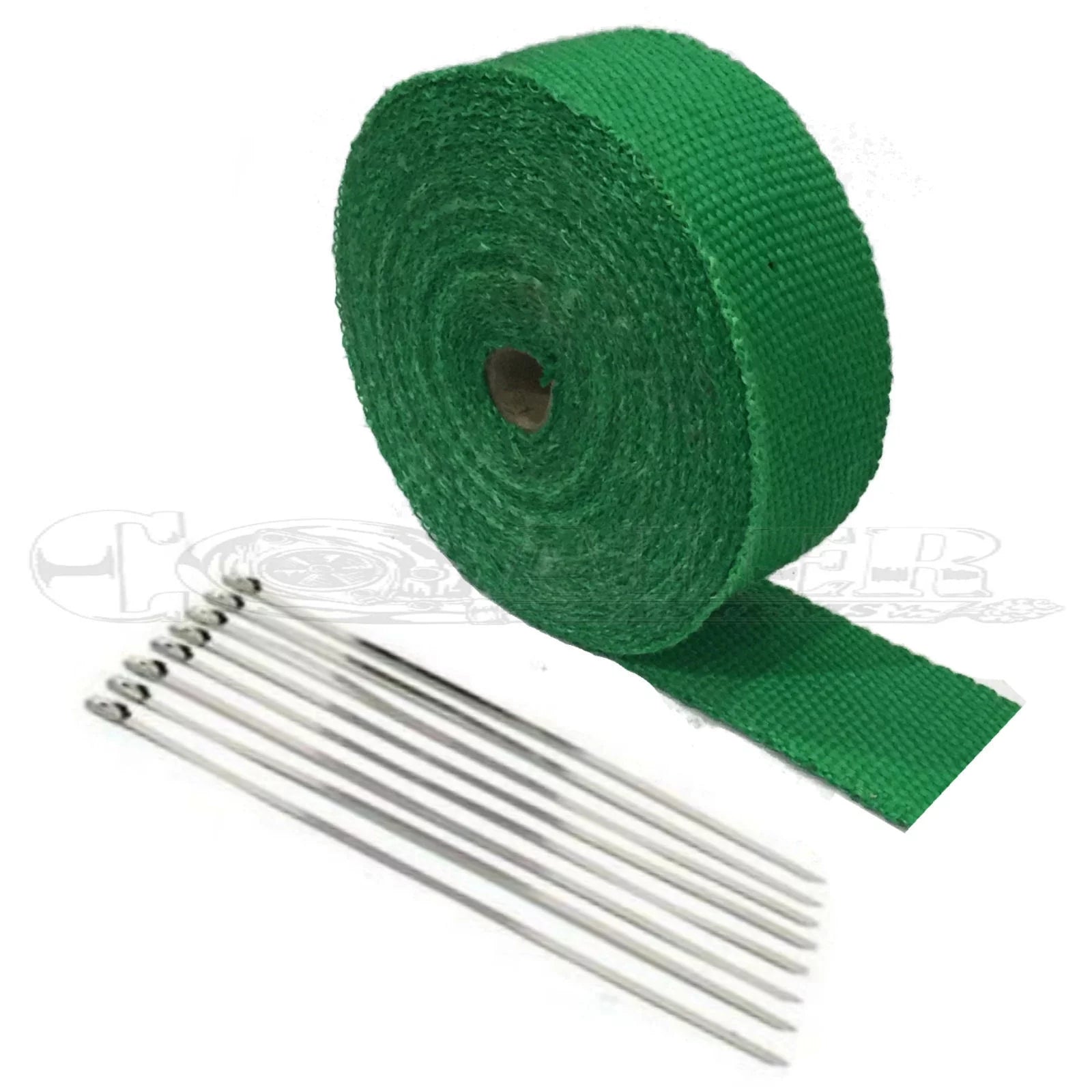 Civic 2 x 50' Protection Header Exhaust Heat Wrap Green with 8 Steel Ties