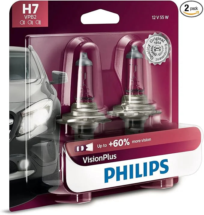 Philips H7 VisionPlus Upgrade Headlight Bulb with up to 60% More Vision, 2 Pack