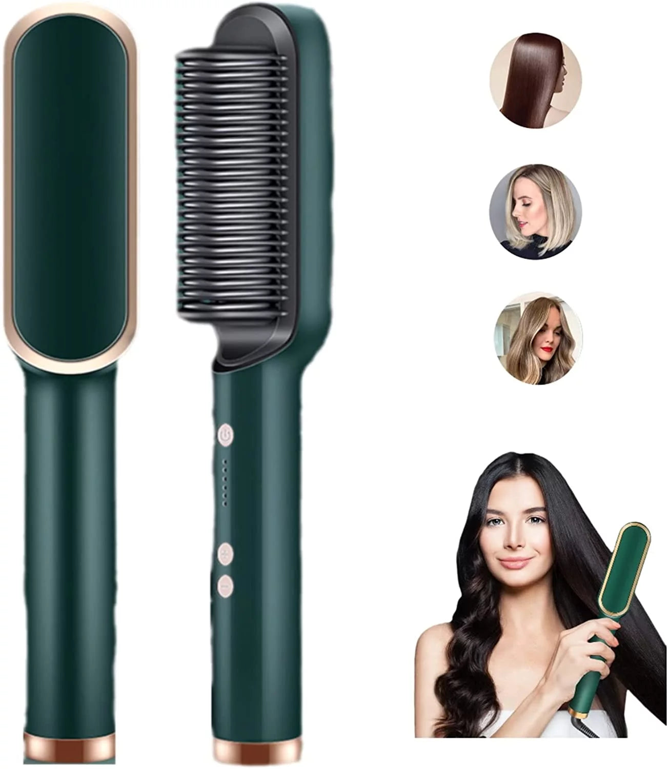 Qiuesikl 2023 New Negative Ion Hair Straightener Styling Comb with 5 Temp,  34W 10s Fast Heating  2 in 1 Hair Straightener Brush and Curler (Green)
