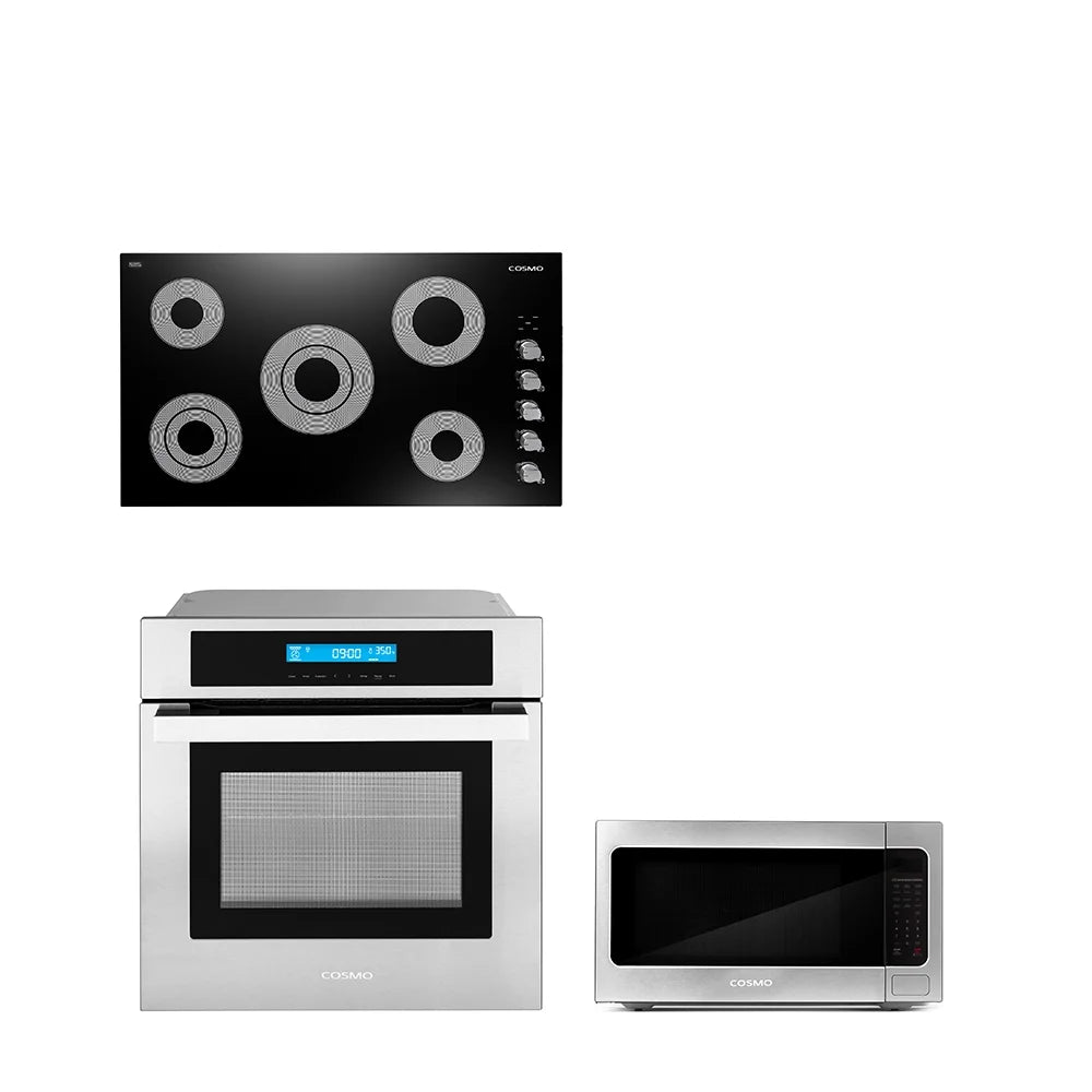 Cosmo 3 Piece Kitchen Appliance Package With 36 Electric Cooktop 24.4 Built-In Countertop Microwave 24 Single Electric Wall Oven Kitchen Appliance Bundles