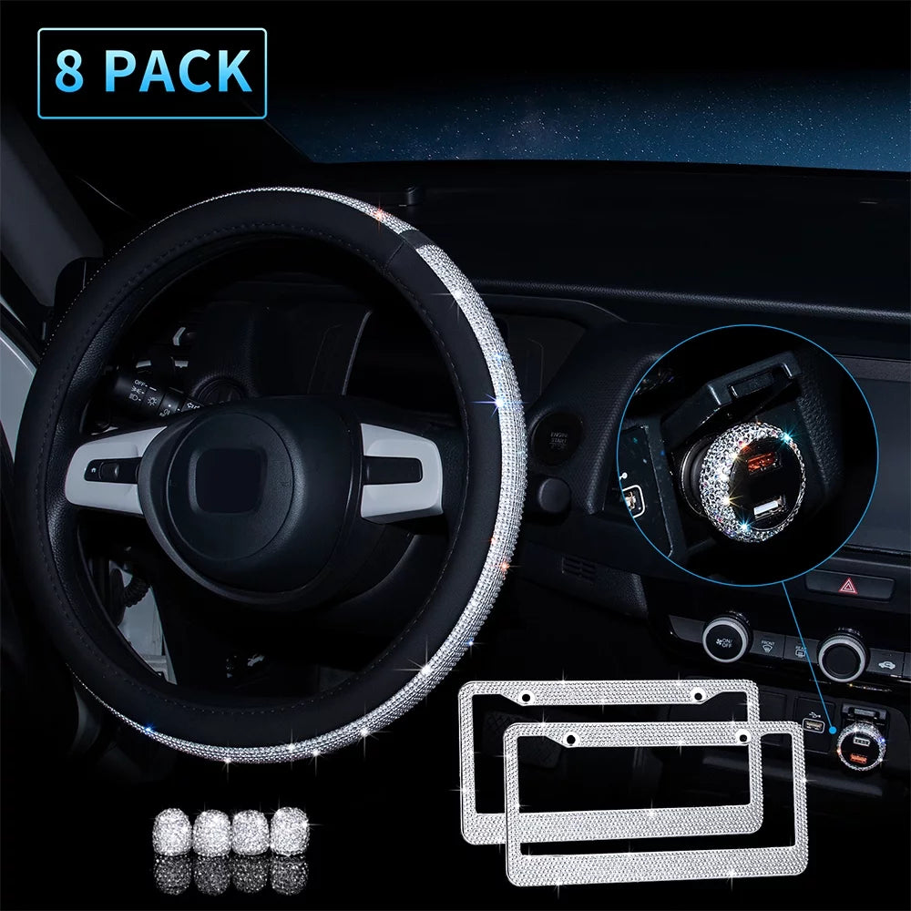 eing Bling Car Accessories Set for Women,8-Pack Crystal Diamond Steering Wheel Cover, Glitter Rhinestone License Plate Frames, Sparkly UBS Car Charger, Crystal Valve Stem Caps with Wonderful Box