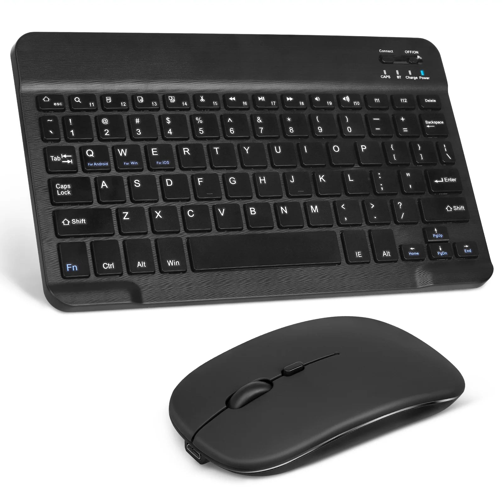 Rechargeable Bluetooth Keyboard and Mouse Combo Ultra Slim Full-Size Keyboard and Ergonomic Mouse for Vodafone Smart Tab II 10 and All Bluetooth Enabled Mac/Tablet/iPad/PC/Laptop - Onyx Black