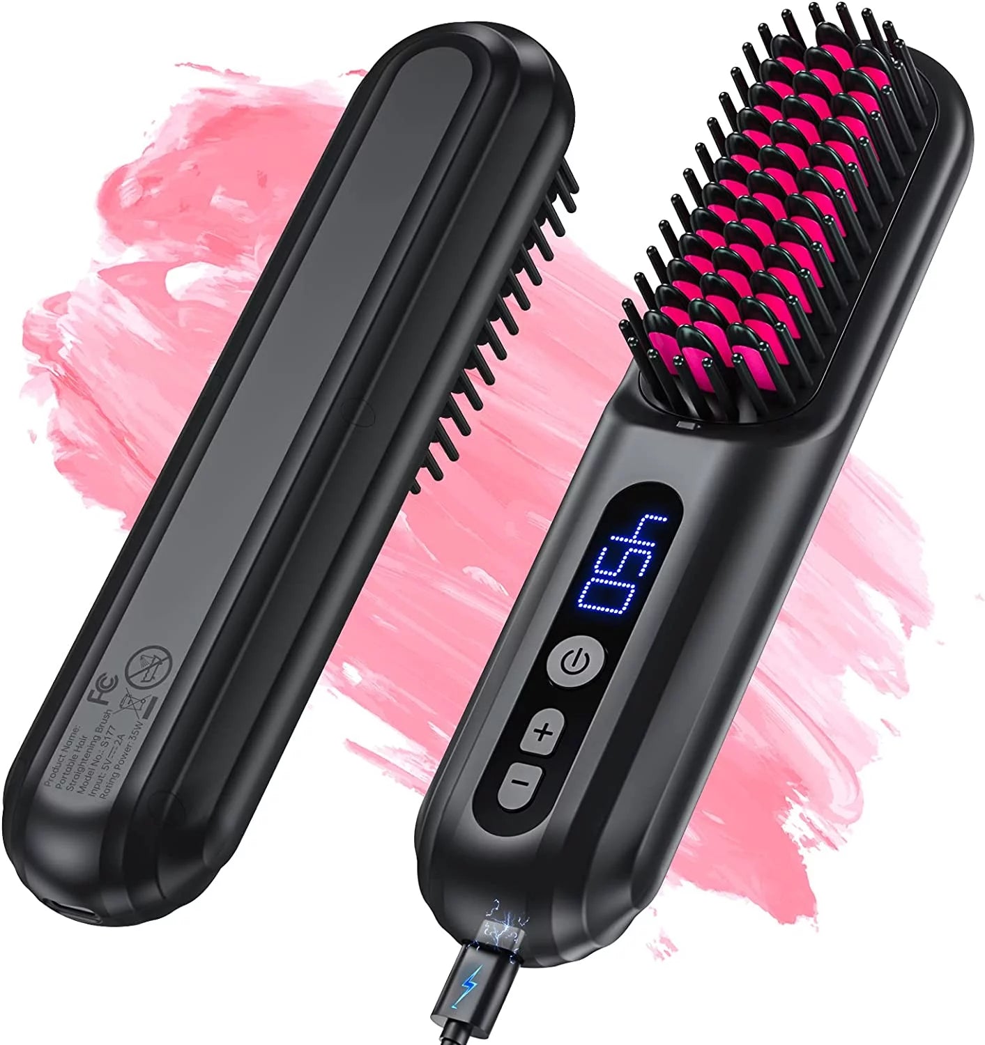 ATUPEN Cordless Hair Straightener Brush, Portable Negative Ion Hot Comb 45Mins Long Battery Life with USB Rechargeable Feature Fast Heating 9 Temp Settings Anti-Scald, 30Mins Auto-Off, for Travel