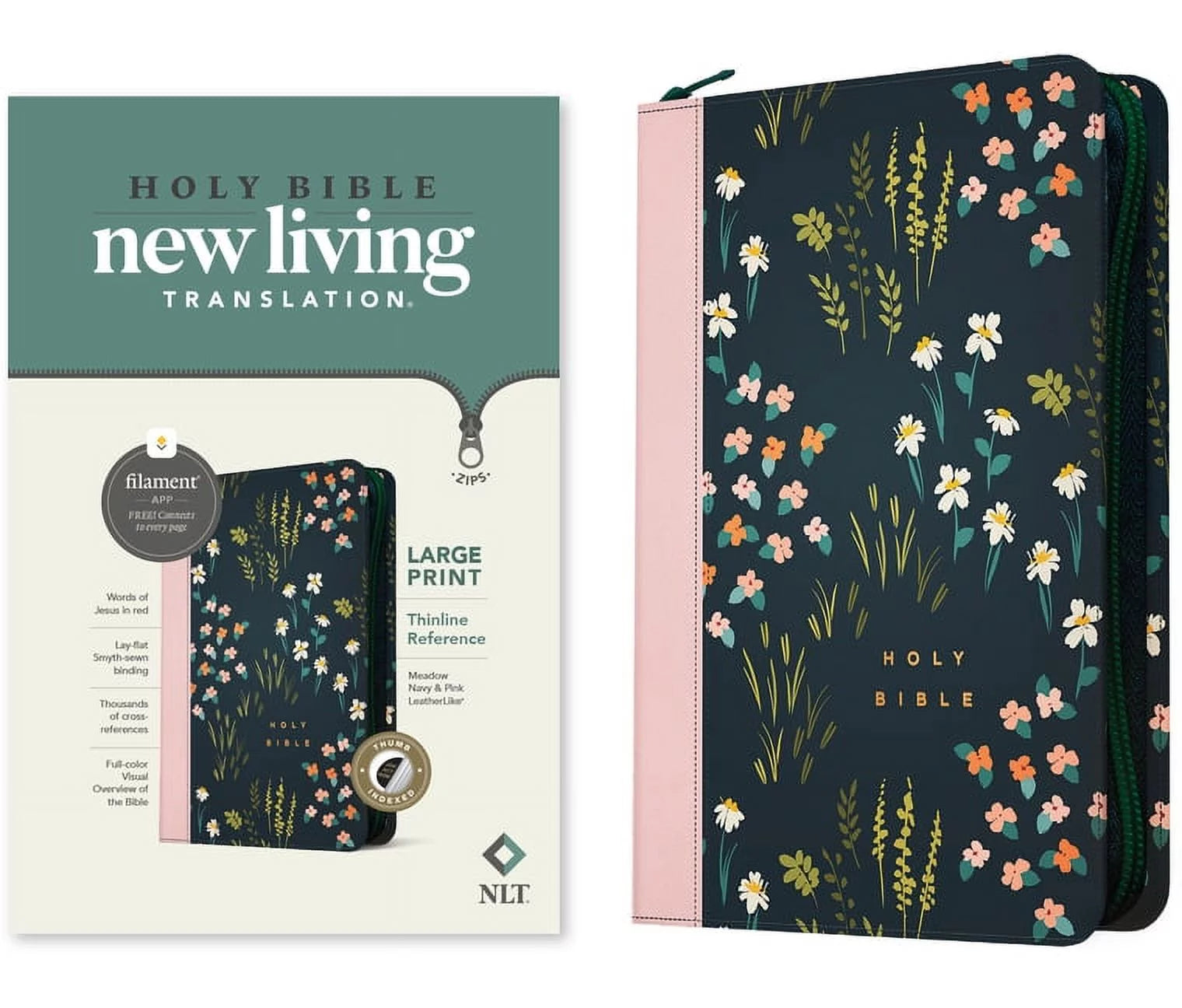 NLT Large Print Thinline Reference Zipper Bible, Filament-Enabled Edition (Leatherlike, Meadow Navy & Pink, Indexed, Red Letter) (Other)