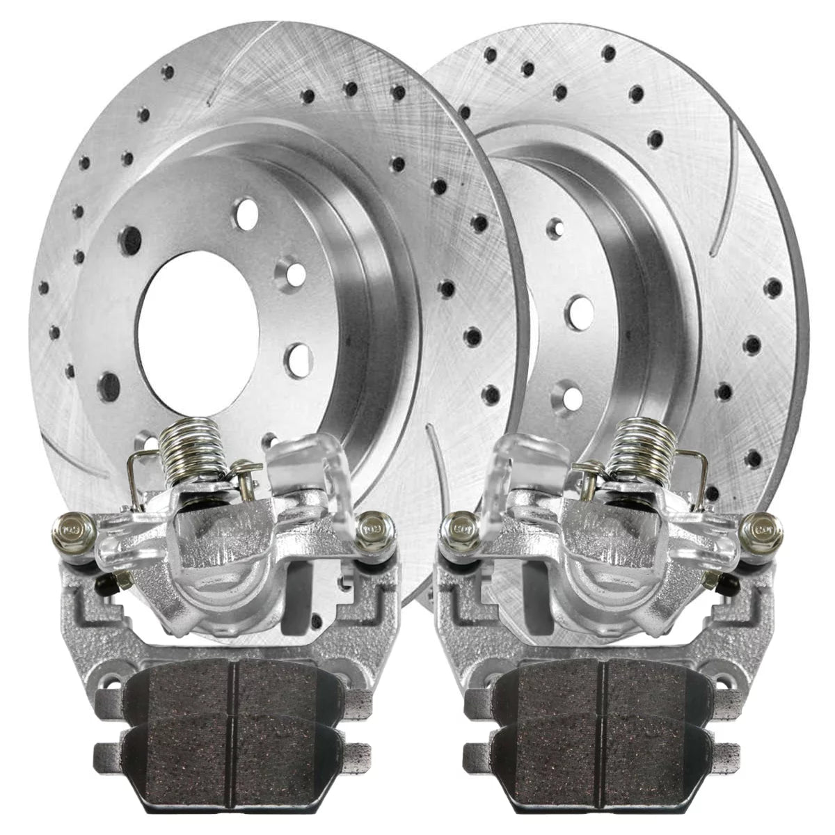 AutoShack Rear Brake Calipers Ceramic Pads Drilled Slotted Rotors Silver Kit Driver and Passenger Side Replacement for Mercury Milan Lincoln MKZ 2006 Zephyr 2006-2011 Ford Fusion 2006-2013 Mazda 6 FWD