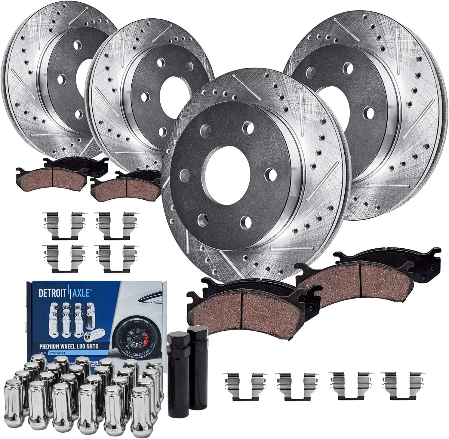 Detroit Axle - 2WD Front Rear Drilled Rotors Brake Pads Wheel Lug Nuts Replacement for Chevy GMC Silverado Sierra 1500 Tahoe Fits select: 2000 CHEVROLET SILVERADO C1500