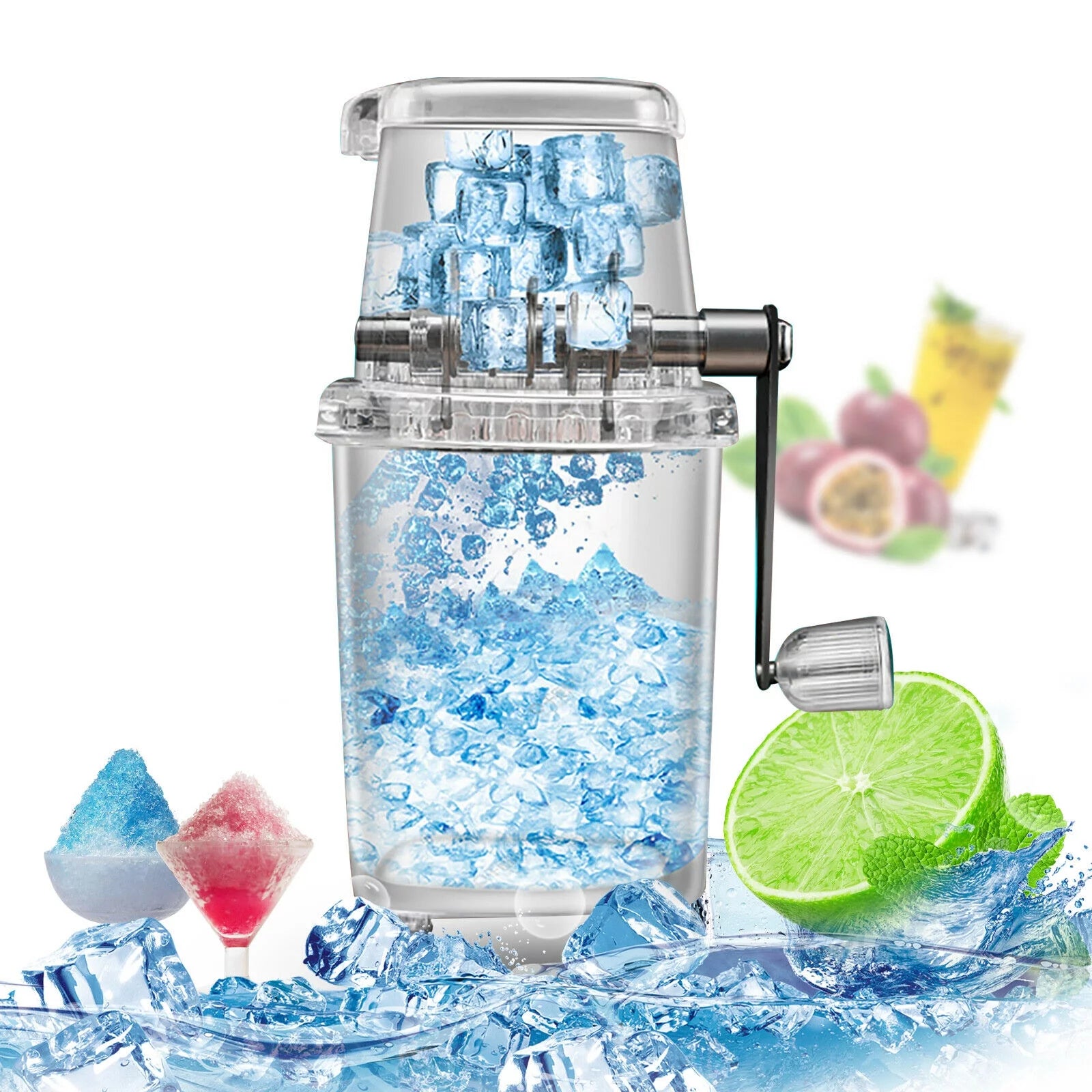 Portable Transparent Manual Hand Crank Operated Stainless Steel Shaved Ice Machine Mini Household Tabletop Small Ice Crusher 9.41 x 6.30 x 4.72inches