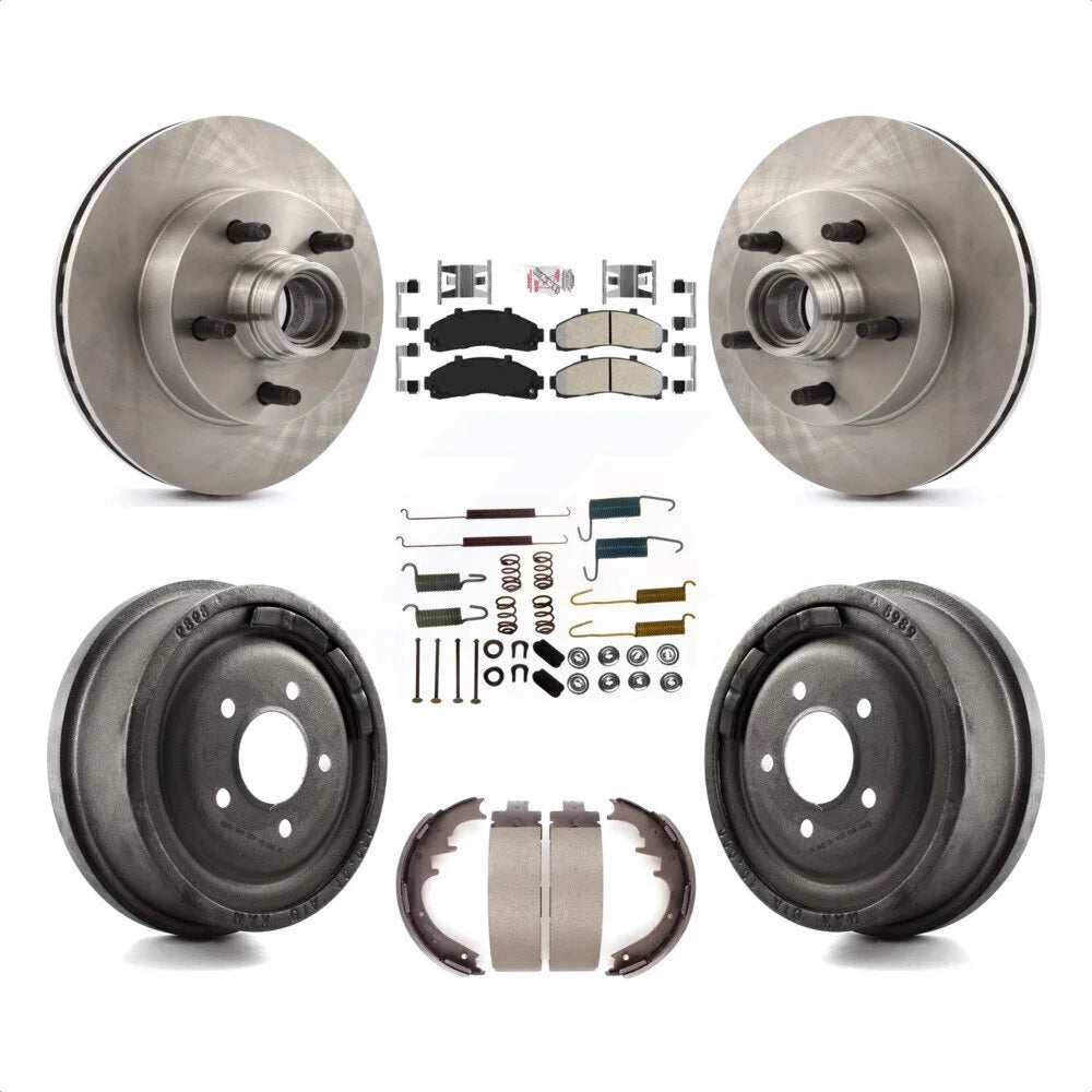Transit Auto - Front Rear Disc Brake Rotors Hub Assembly Semi-Metallic Pads And Drum Kit (7Pc) For 1998-1999 Mazda B4000 RWD with 4-Wheel ABS With 10 Diameter K8A-105360