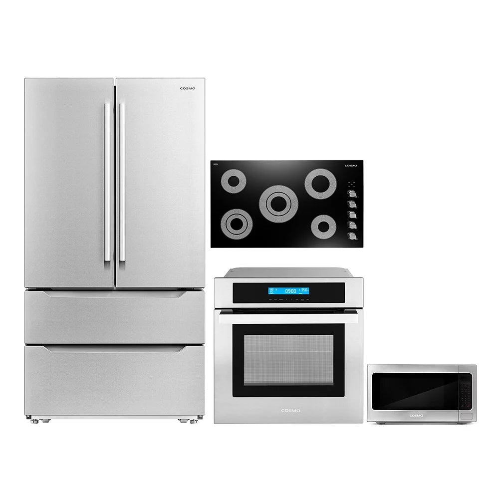 Cosmo 4 Piece Kitchen Appliance Package 36 Electric Cooktop 24 Single Electric Wall Oven 24.4 Countertop Microwave & French Door Refrigerator Kitchen Appliance Bundles