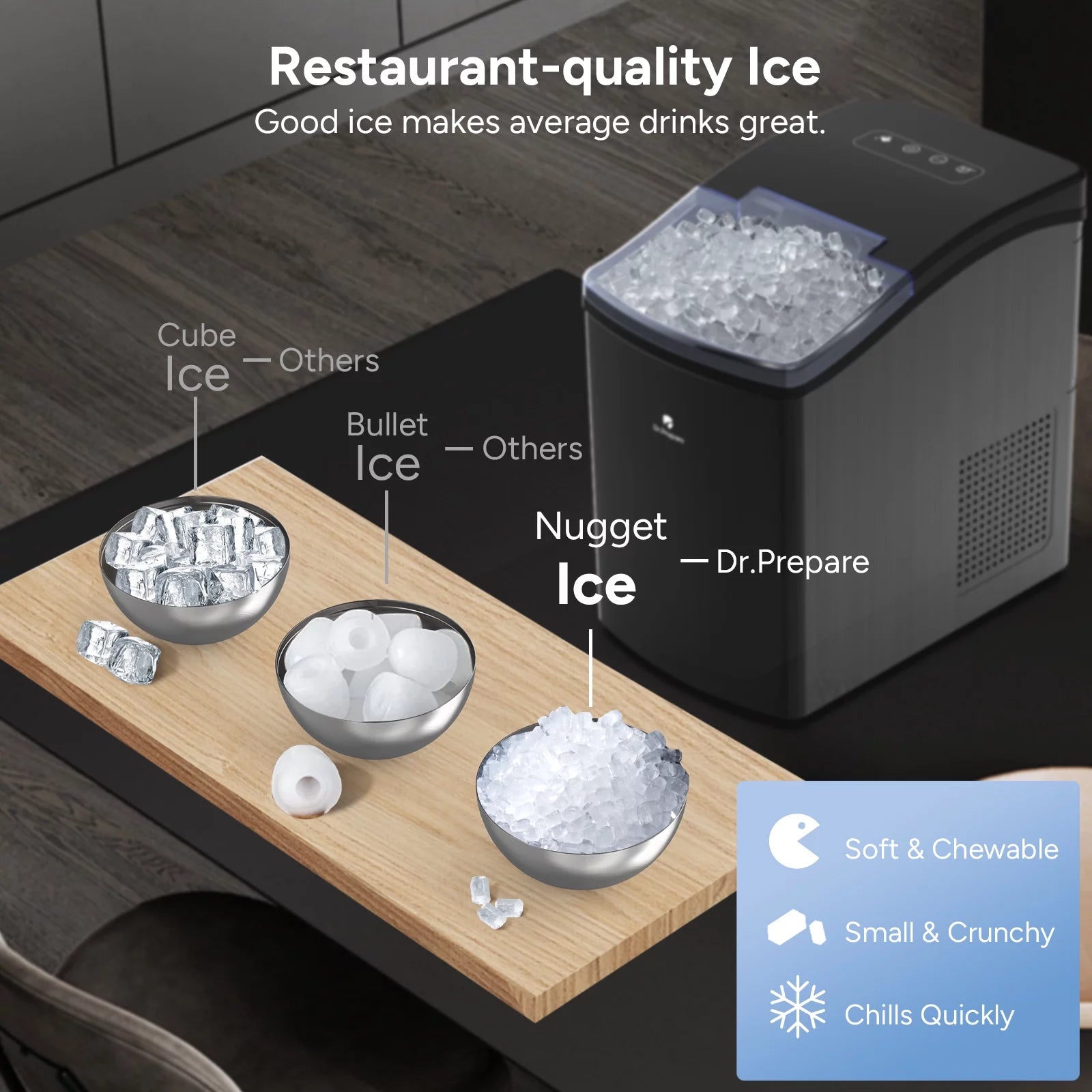 Dr. Prepare Nugget Ice Maker with 3.2L Large Water Tank, Produces Ice in 8 Mins