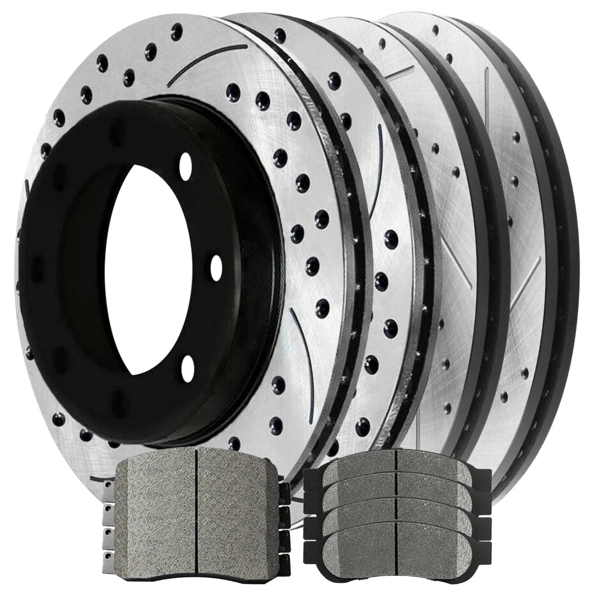 AutoShack Front and Rear Drilled Slotted Brake Rotors Black and Ceramic Pads Kit Replacement for 2008 2009 2010 2011 Ford F-250 Super Duty F-350 Super Duty 5.4L 6.2L 6.4L 6.7L 6.8L V8 4WD
