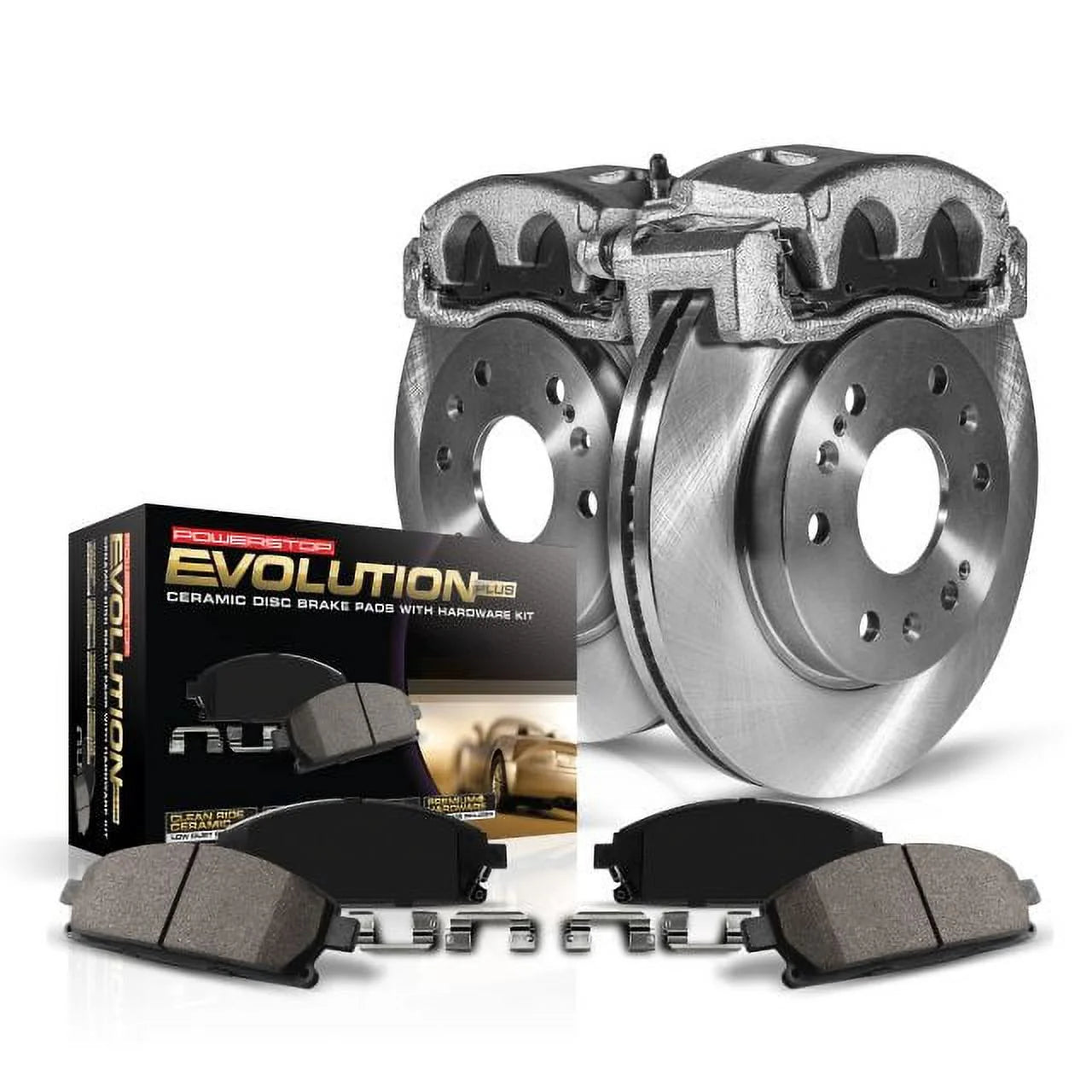 Power Stop Front Stock Replacement Brake Pad and Rotor Kit with Calipers KCOE4695