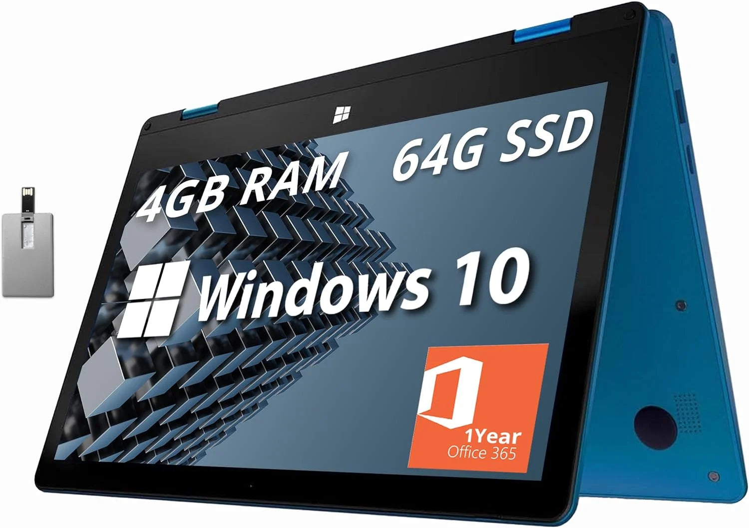 Gateway Newest Convertible Student Laptop, 11.6¡± HD 2-in-1 Touchscreen, Intel Celeron N4020, 4GB RAM, 64GB SSD, 1MP Webcam, THX Audio, Wi-Fi, Mini HDMI, 1 Year Office 365, Blue, Win10, 32GB USB Card