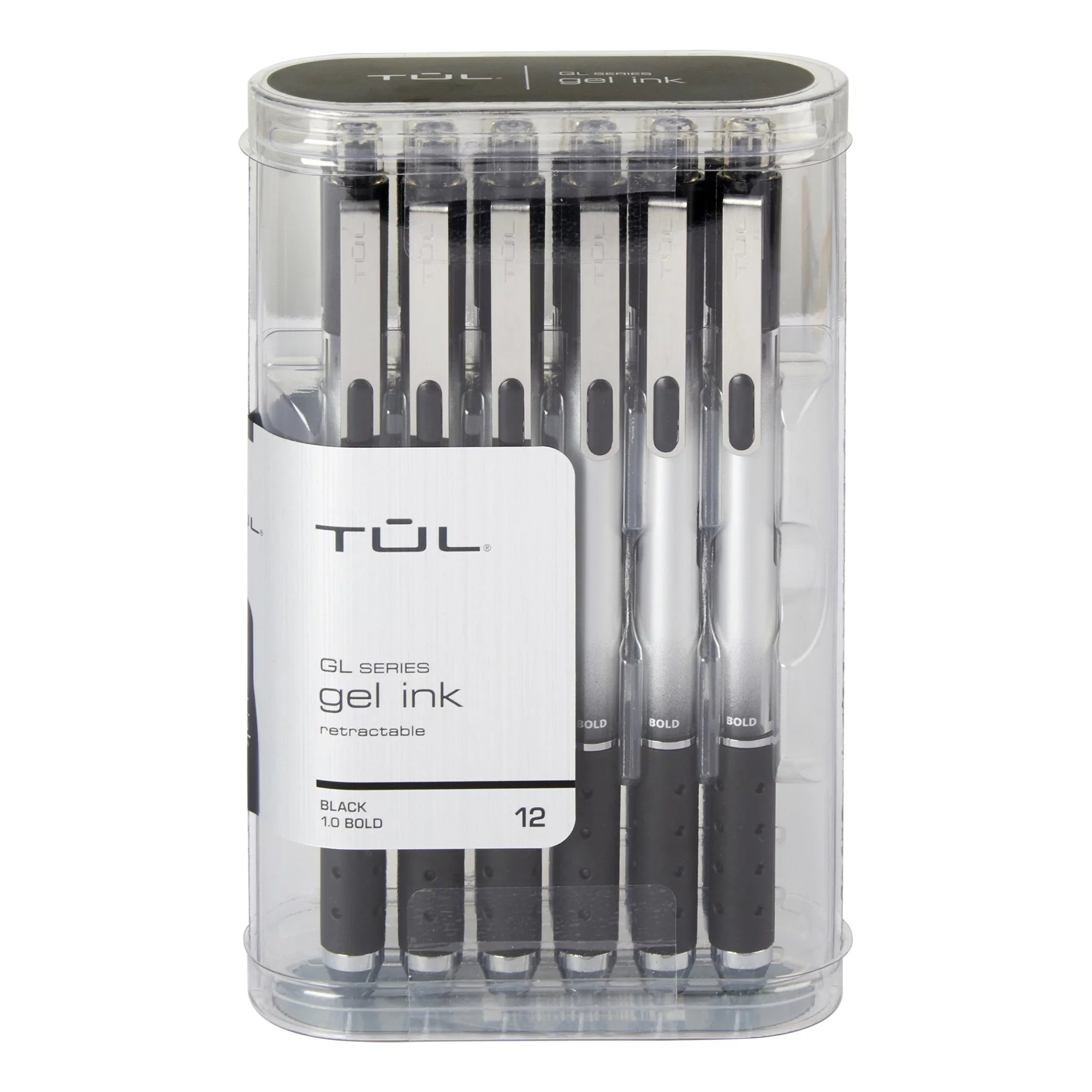 TUL? GL SeriesRetractable Gel Pens, Bold Point, 1.0 mm, Silver Barrel, Black Ink, Pack Of 12 Pens