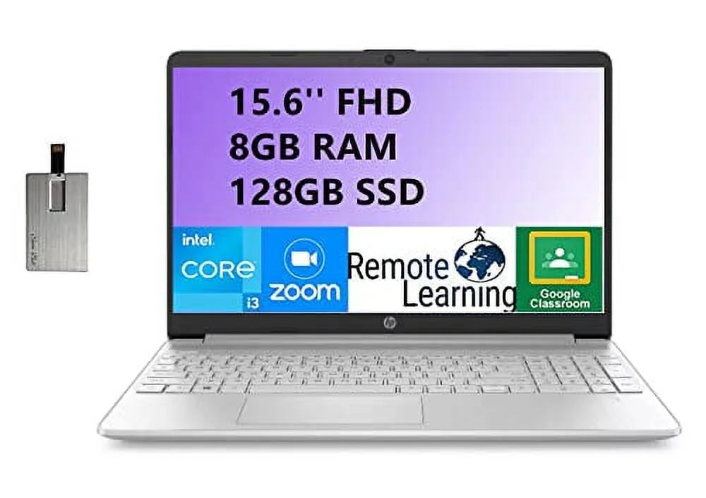 HP 2021 15.6 FHD Laptop Computer, 11th Gen Intel Core i3-1125G4, 8GB RAM, 128GB SSD, Intel UHD Graphics, HD Audio,Backlit Keyboard, Webcam, Win 10, Silver, 32GB SnowBell USB Card