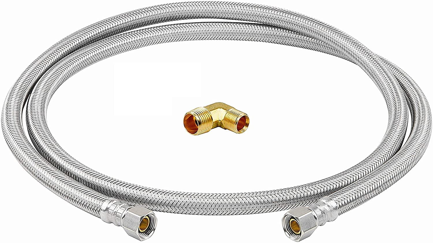 EZ-Fluid 72 X 3/8 Female Comp. x 3/8 Female Comp. 6FT Stainless Steel Dishwasher Water Supply Line Hose connector for Cold/Hot Water w/ 3/8 MIP x 3/8 Male Comp.Elbow-1