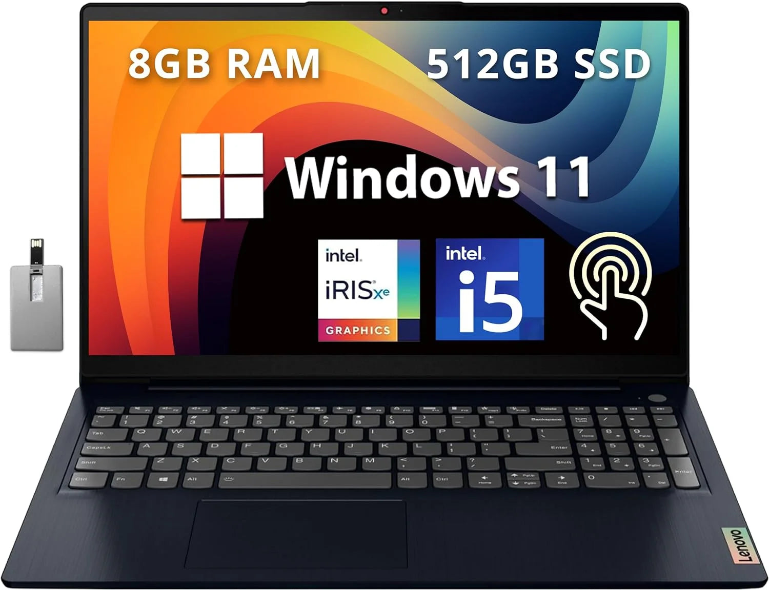 Lenovo IdeaPad 3i 15.6 FHD Touchscreen Laptop, Intel Core i5-1155G7, 8GB RAM, 512GB PCIe SSD, Intel Iris Xe Graphics, Webcam, WiFi 6, Dolby Audio, Win 11, Abyss Blue, 32GB Hotface USB Card