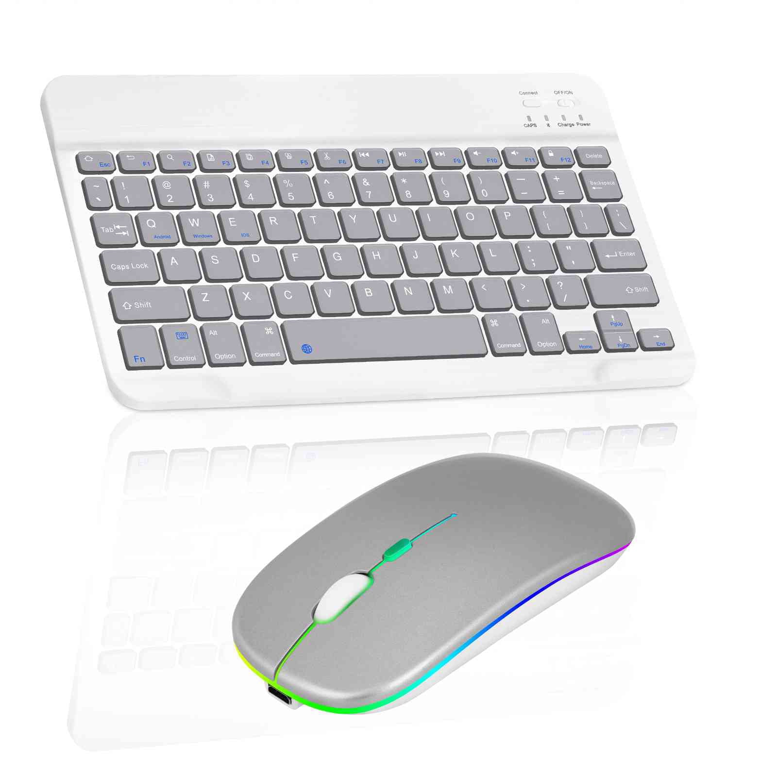 Rechargeable Bluetooth Keyboard and Mouse Combo Ultra Slim for Xiaomi Mi 10 Pro 5G and All Bluetooth Enabled Android/PC-Stone Grey Keyboard with Silver RGB Led Mouse