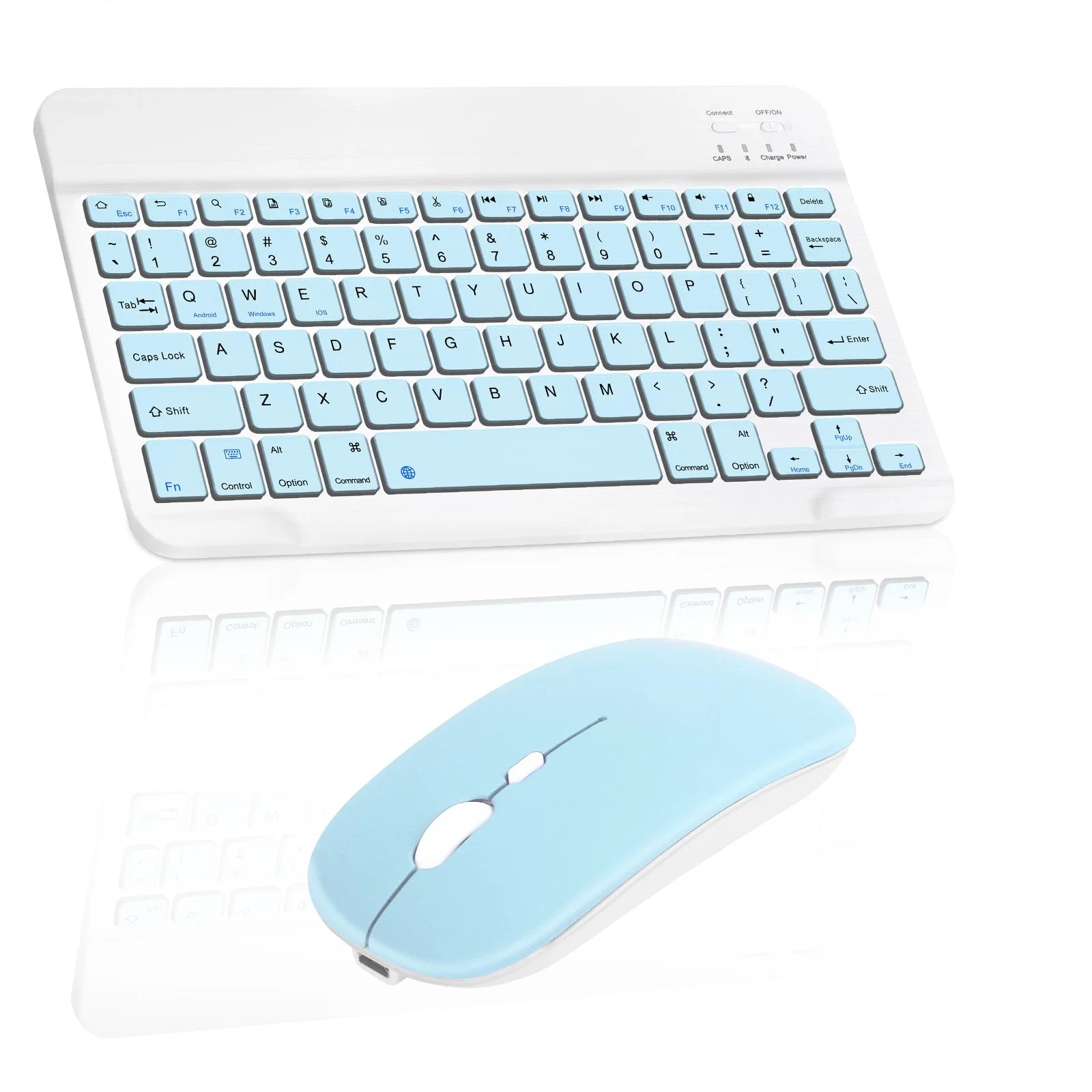 Rechargeable Bluetooth Keyboard and Mouse Combo Ultra Slim Full-Size Keyboard and Ergonomic Mouse for Vodafone Smart Tab II 10 and All Bluetooth Enabled Mac/Tablet/iPad/PC/Laptop - Sky Blue