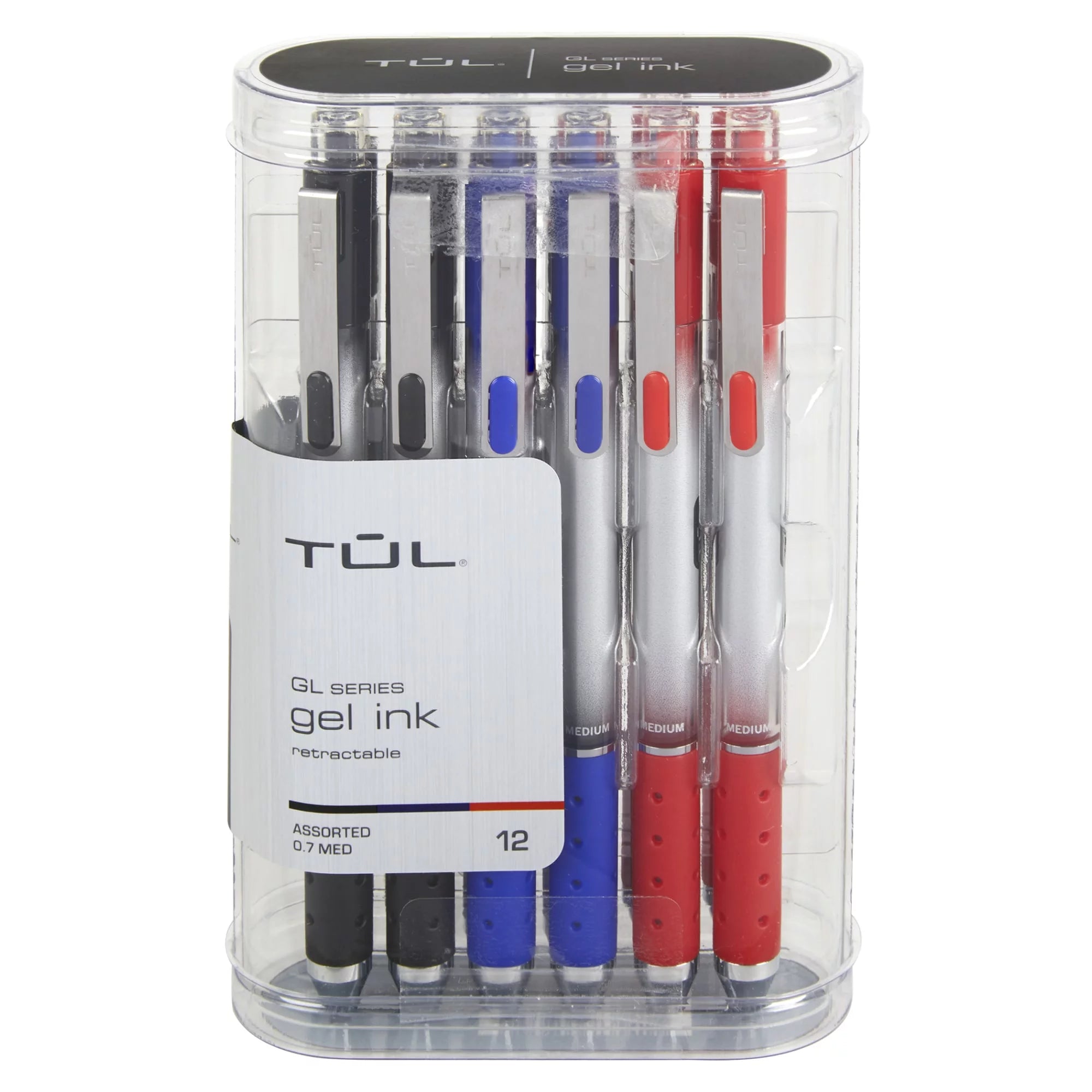 TUL? GL Series Retractable Gel Pens, Medium Point, 0.7 mm, Silver Barrel, Assorted Business Inks, Pack Of 12 Pens